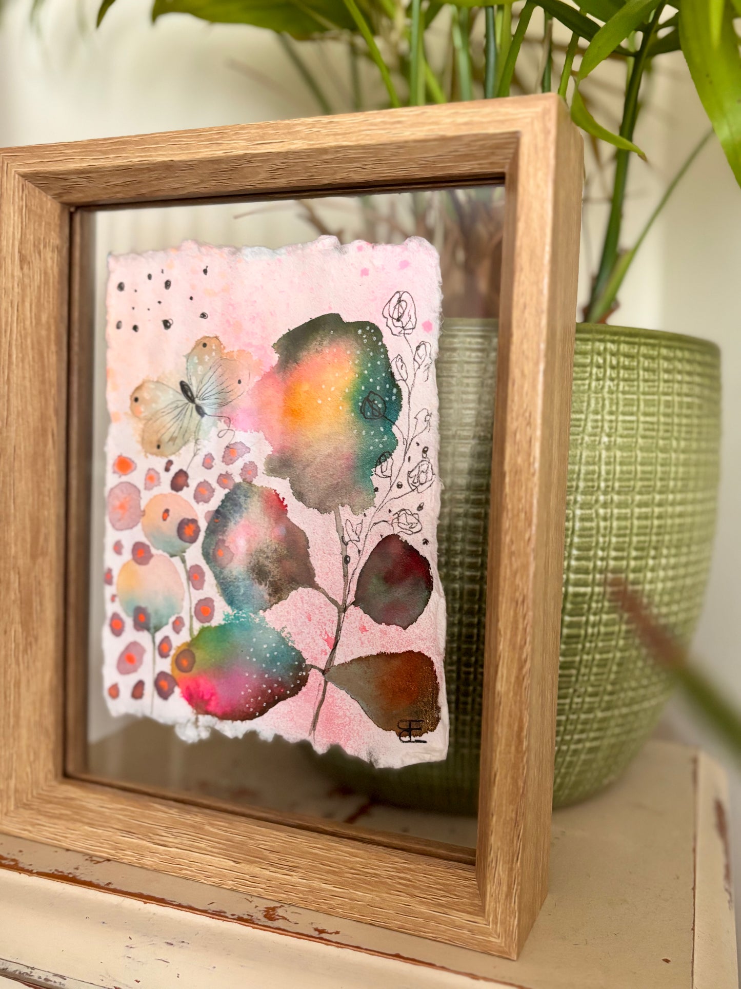 Soft Bloom & Butterfly – Original Abstract Botanical Painting in Floating Frame