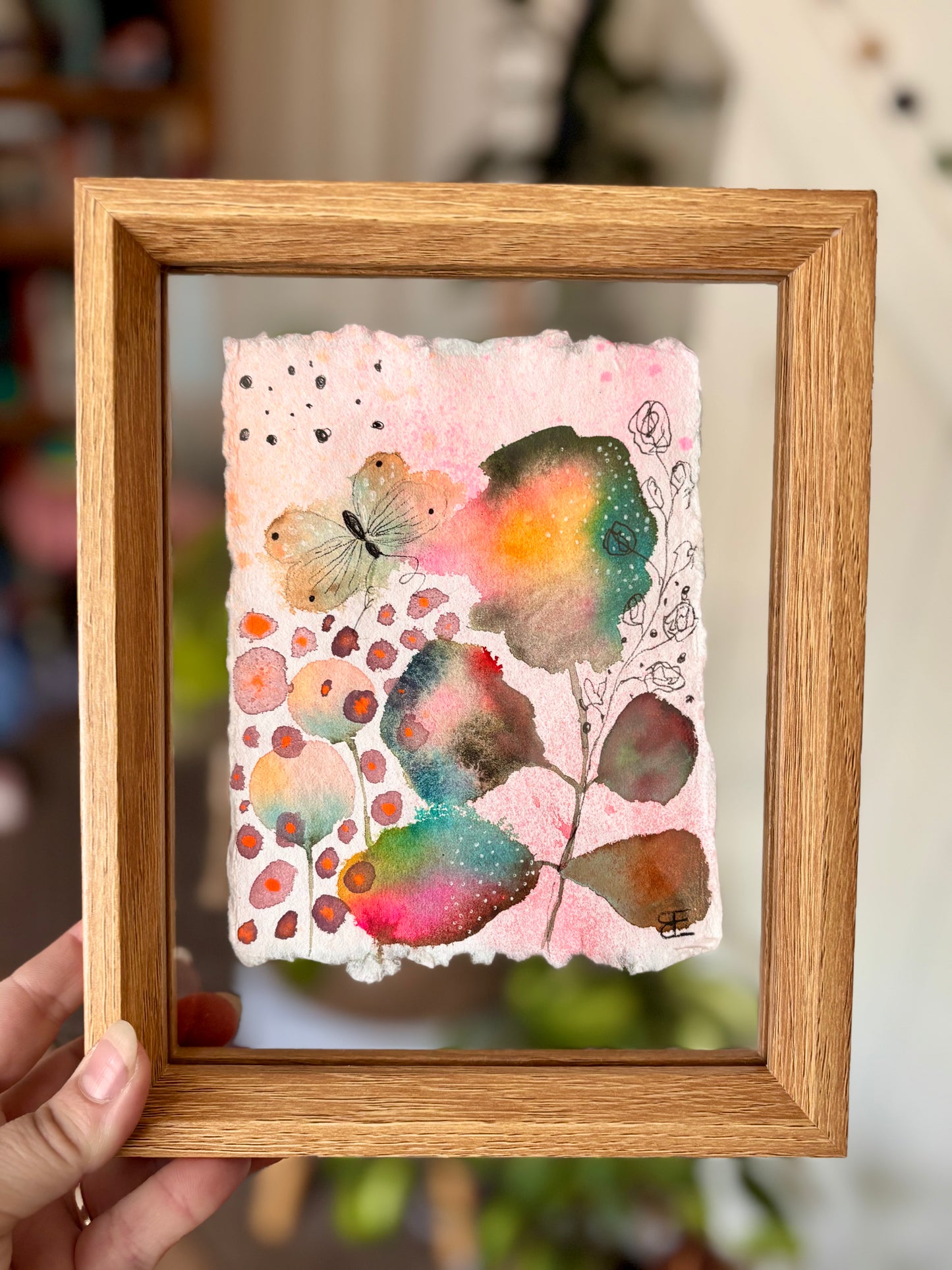 Soft Bloom & Butterfly – Original Abstract Botanical Painting in Floating Frame