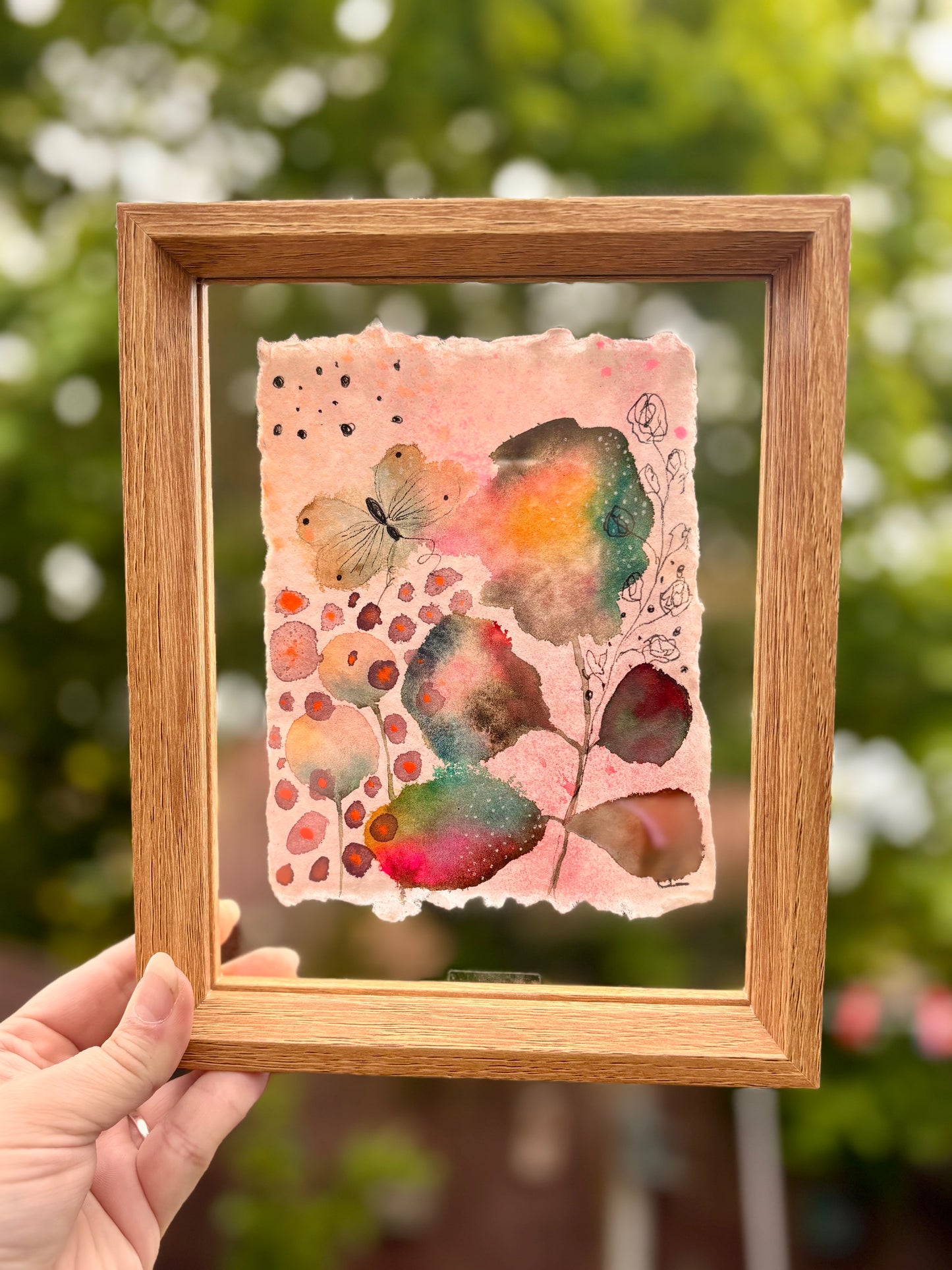 Soft Bloom & Butterfly – Original Abstract Botanical Painting in Floating Frame