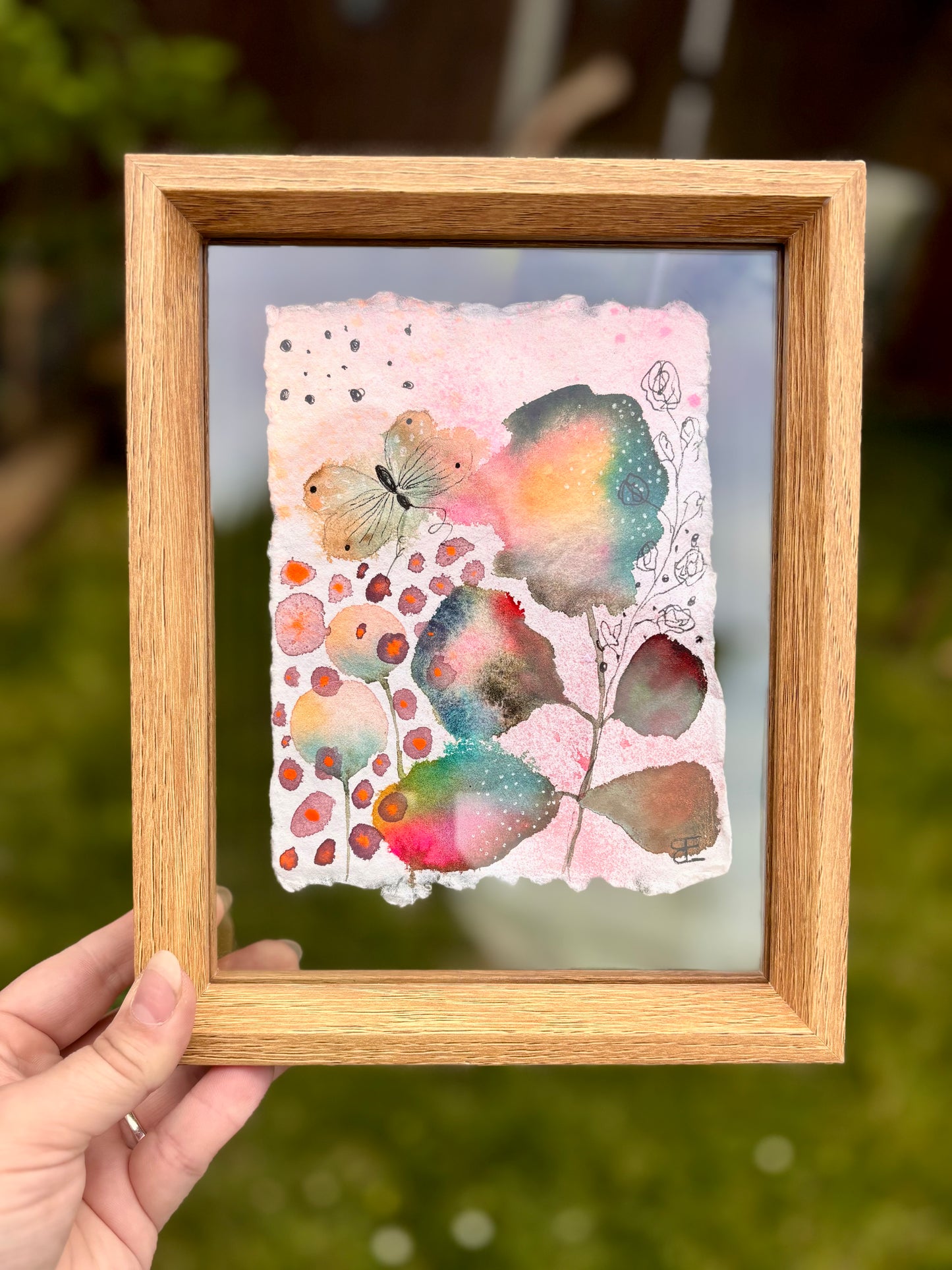 Soft Bloom & Butterfly – Original Abstract Botanical Painting in Floating Frame