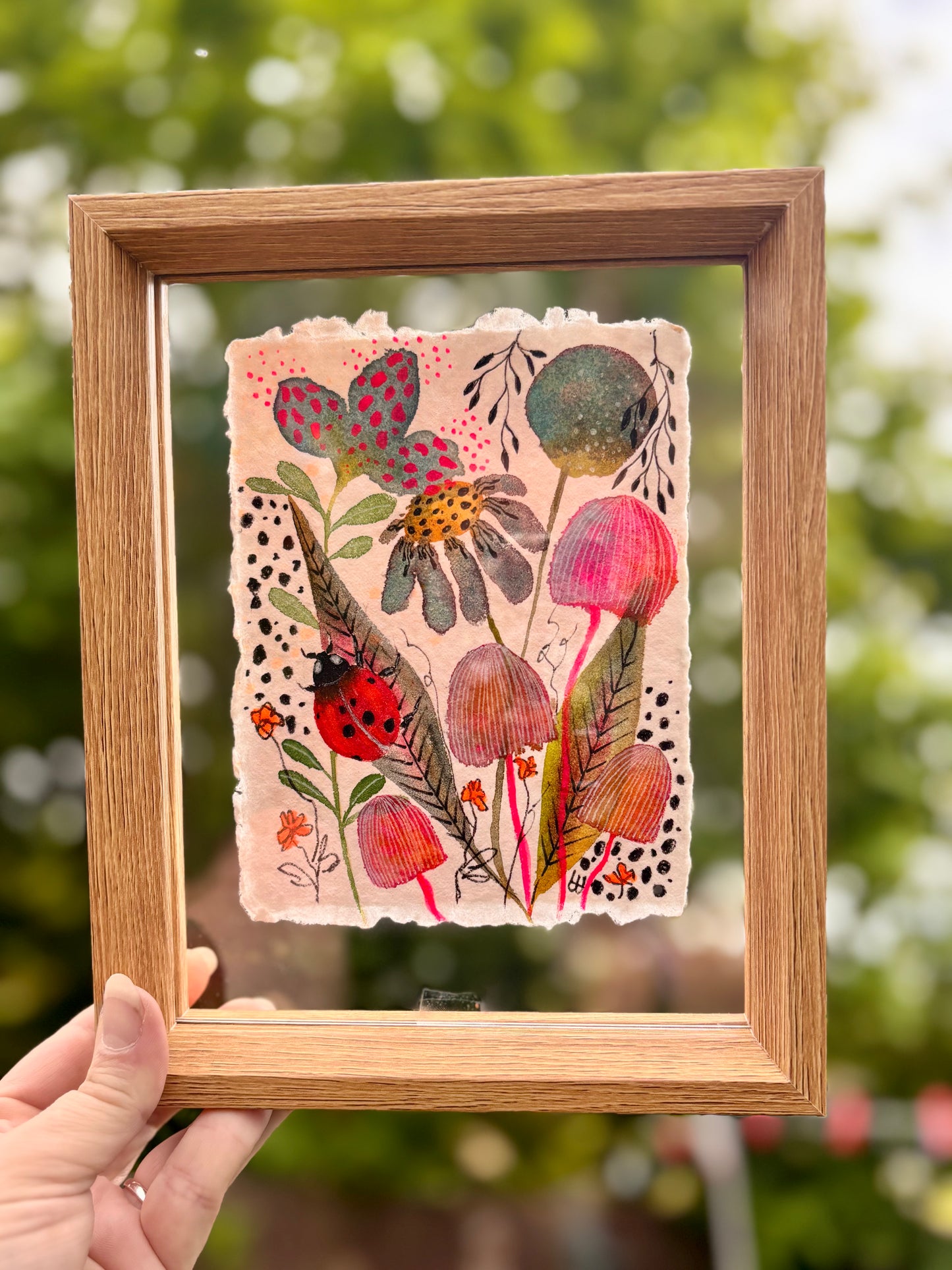 Ladybird & Pink Mushroom - Original  Botanical Painting in Floating Frame
