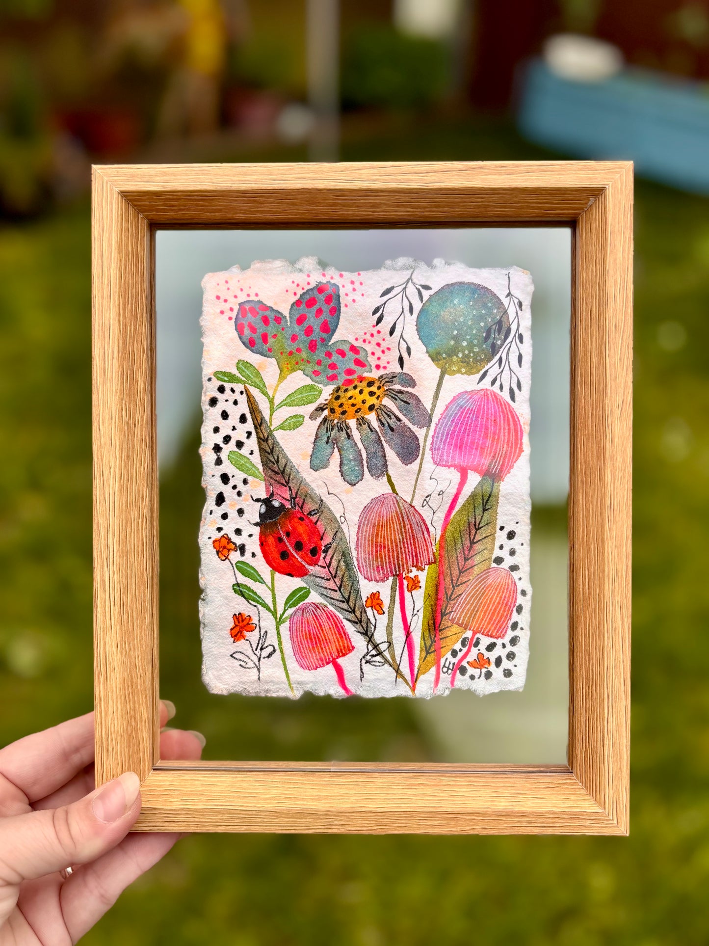 Ladybird & Pink Mushroom - Original  Botanical Painting in Floating Frame