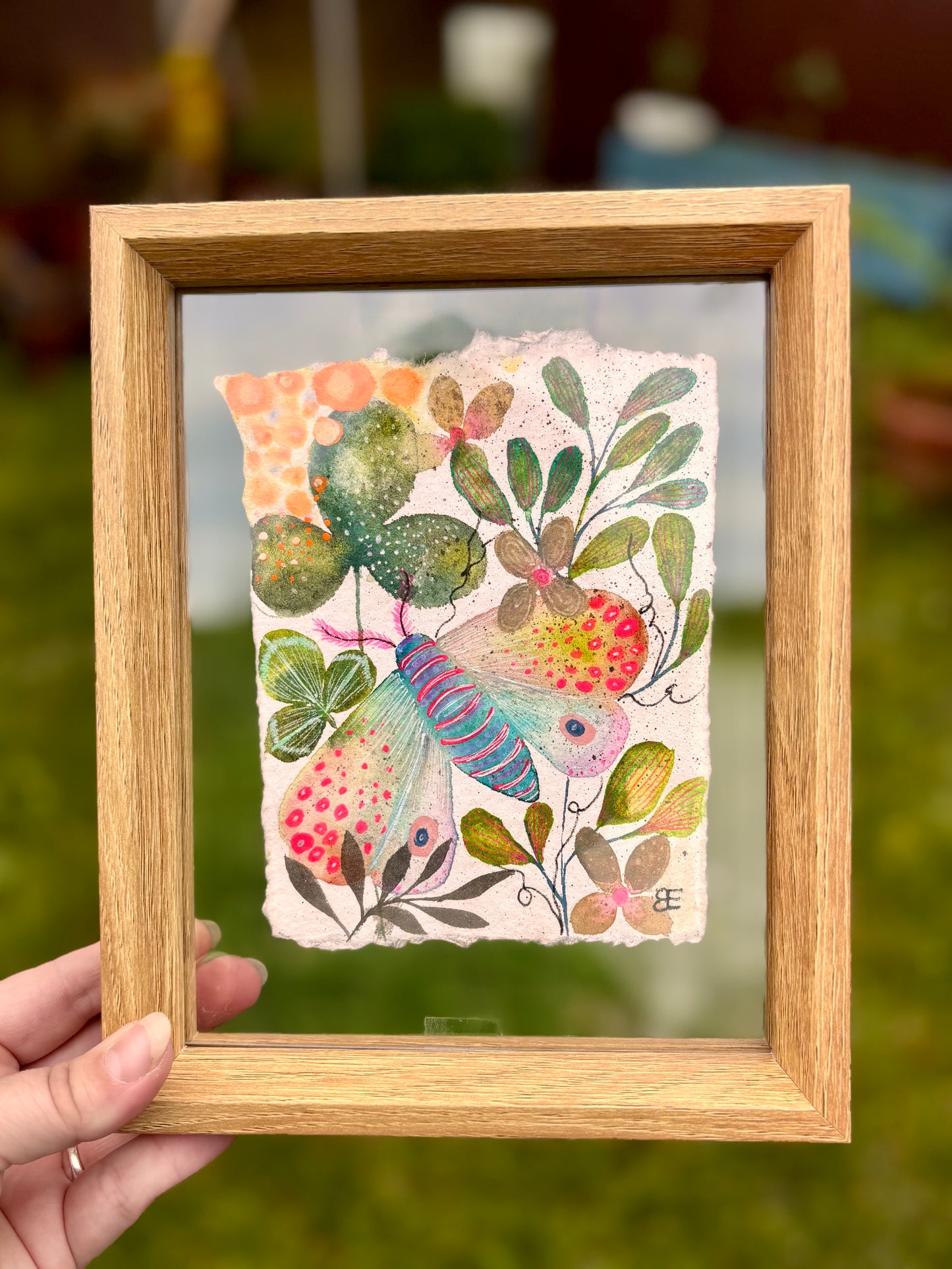 Moss Garden Moth - Original Botanical Painting in Floating Frame