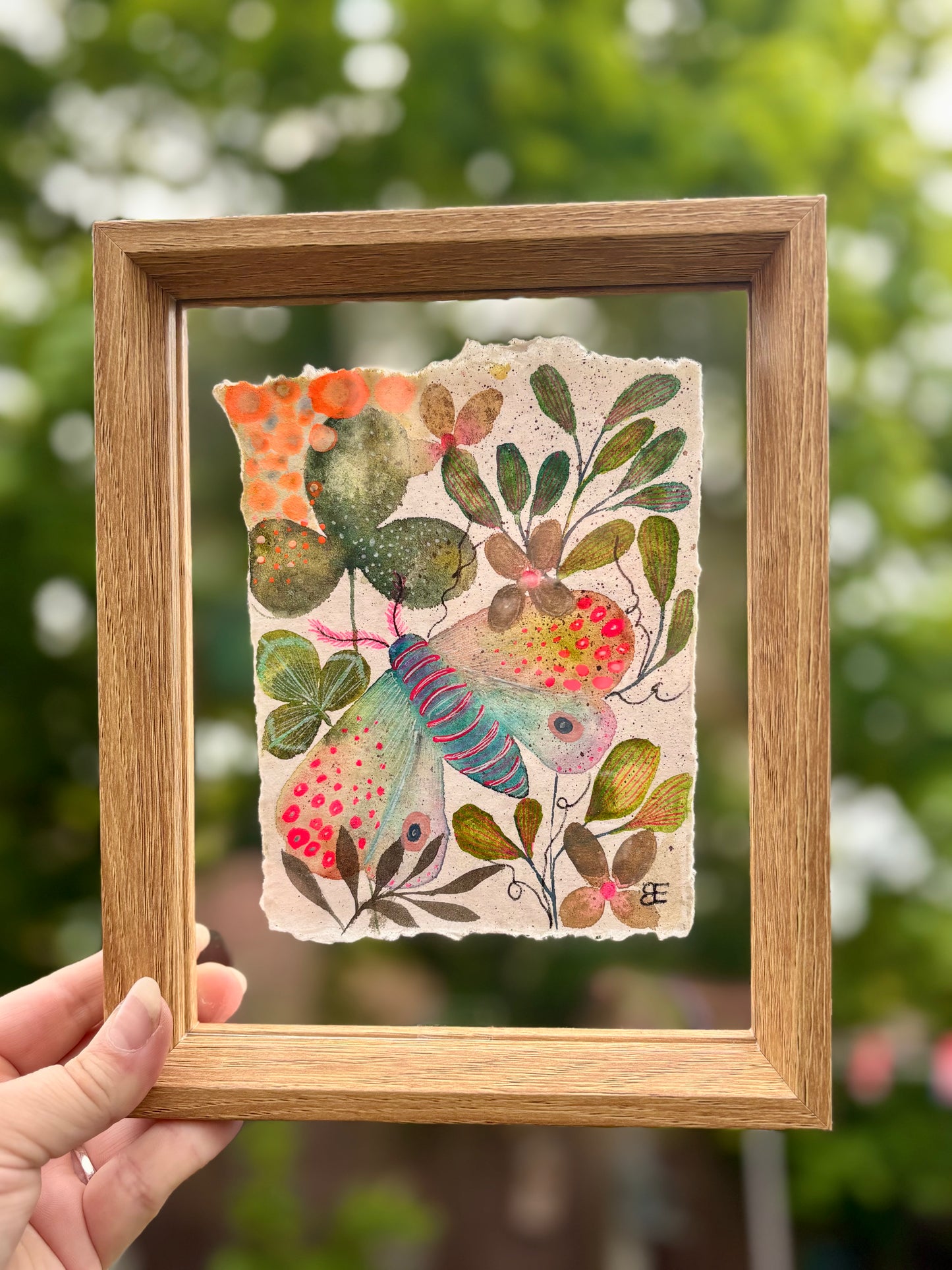 Moss Garden Moth - Original Botanical Painting in Floating Frame
