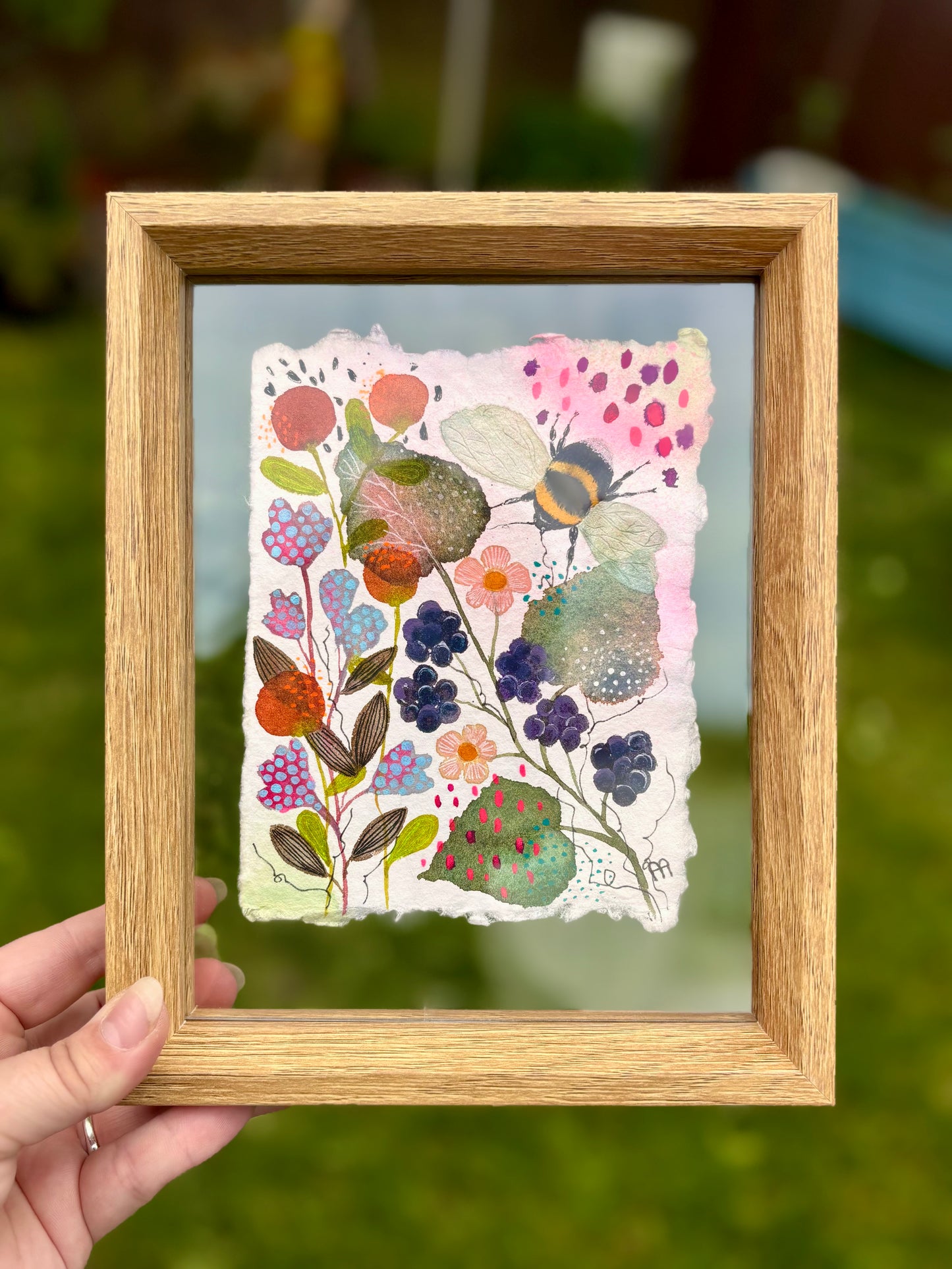 Original Bee Artwork on Handmade Cotton Rag Paper – Floating Frame Botanical Art