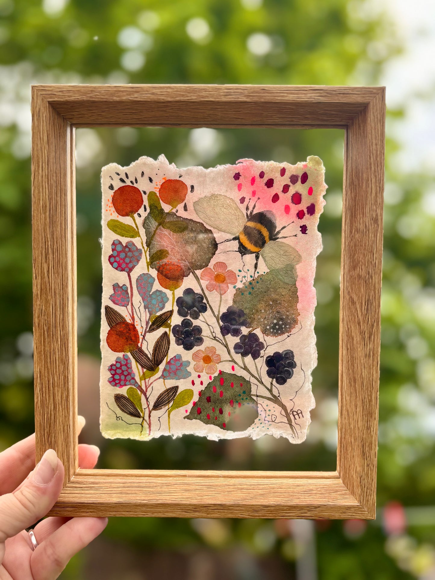 Original Bee Artwork on Handmade Cotton Rag Paper – Floating Frame Botanical Art