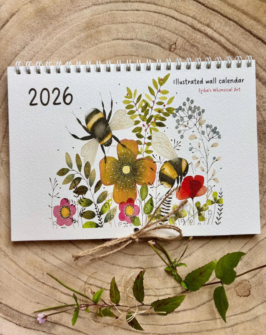 A5 2026 Floral Art Calendar: Handmade Birthday Reminder - Erika's Whimsical Art
