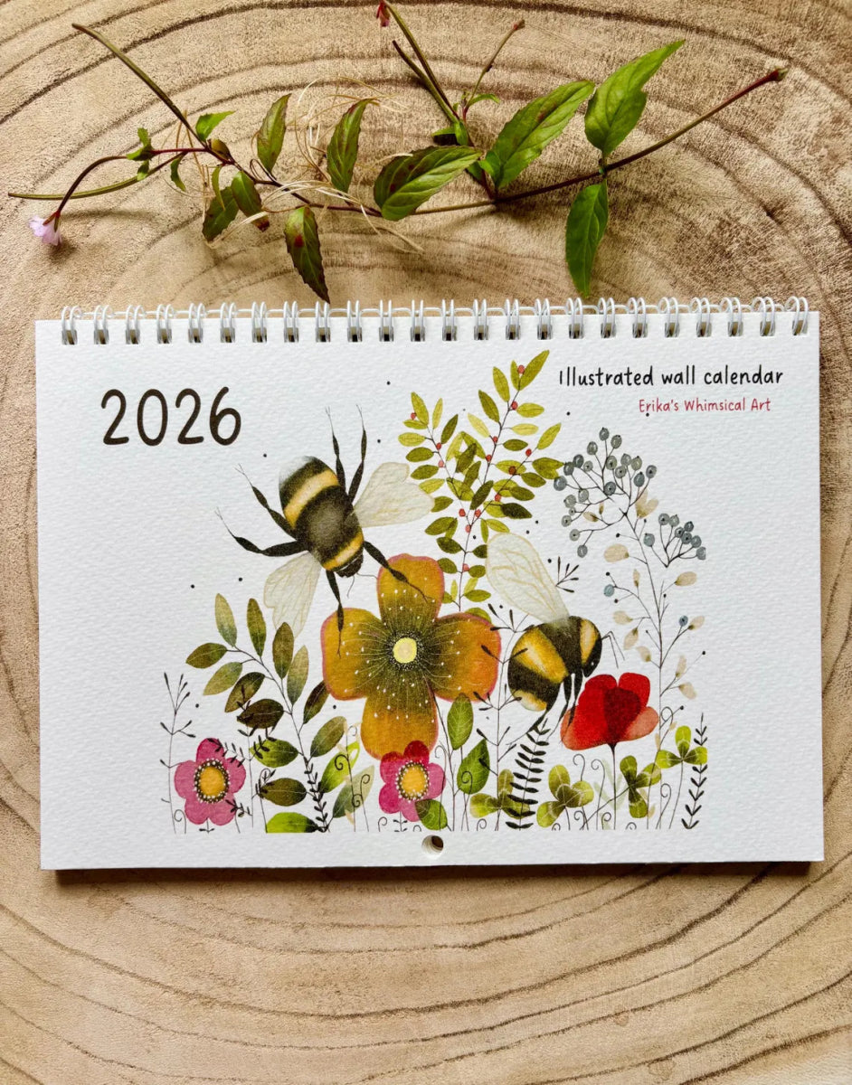 A5 2026 Floral Art Calendar: Handmade Birthday Reminder - Erika's Whimsical Art