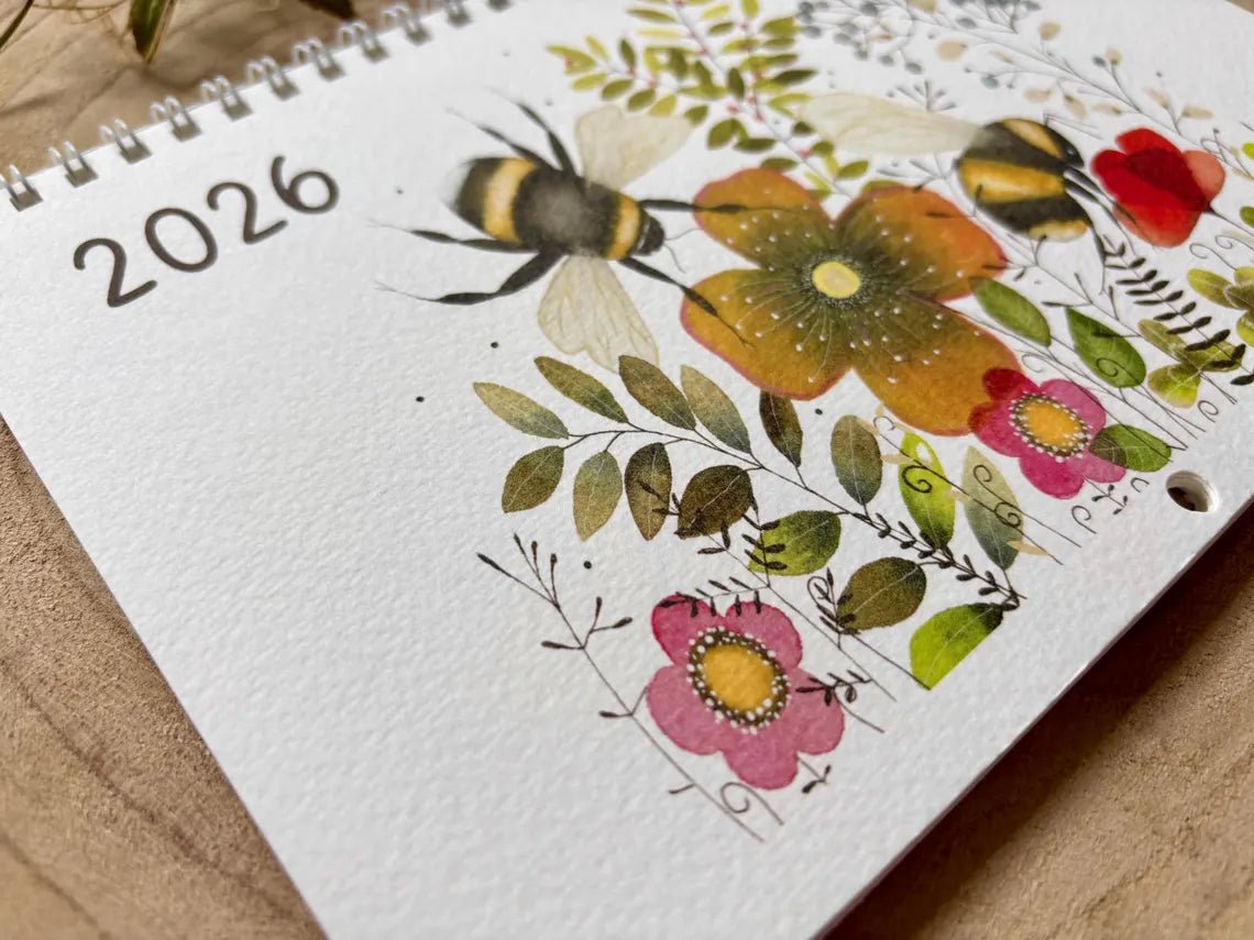 A5 2026 Floral Art Calendar: Handmade Birthday Reminder - Erika's Whimsical Art