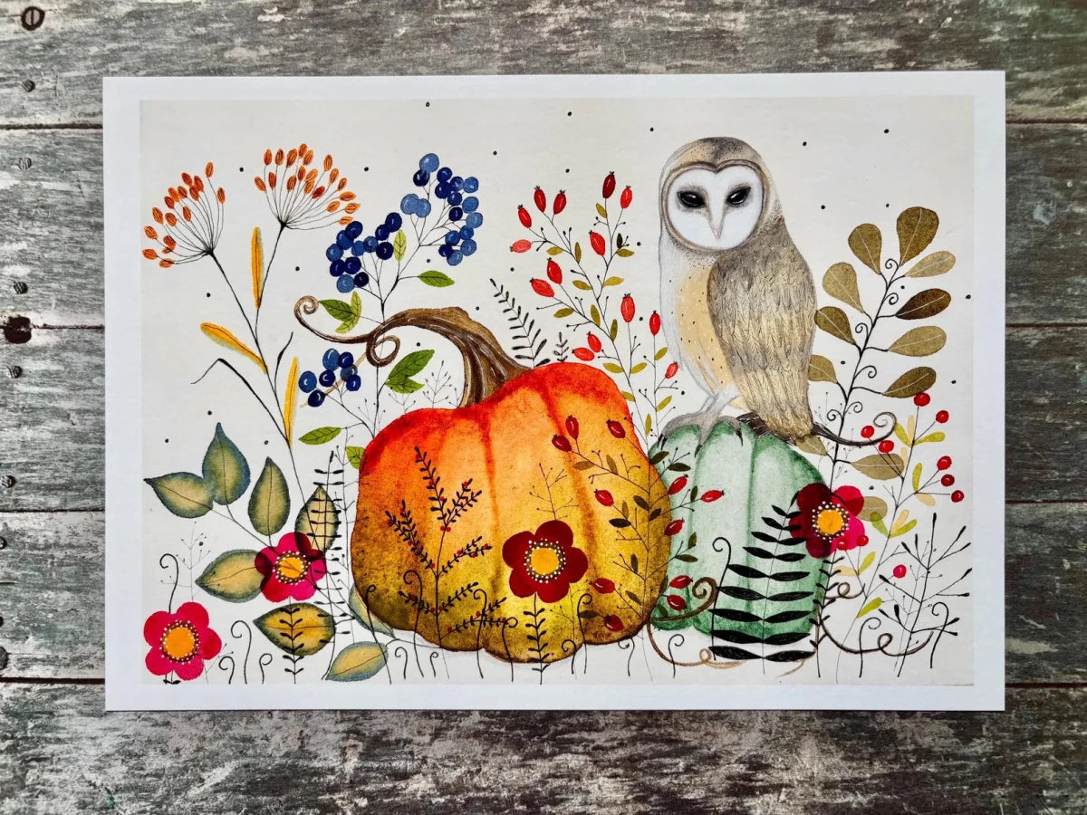 Autumn Owl & Pumpkin Garden – Barn Owl Wall Art, Watercolour Woodland Print, Cottage core Autumn Décor, Botanical Illustration, Fall Harvest Art, Landscape A4 Print, Unframed - Erika's Whimsical Art