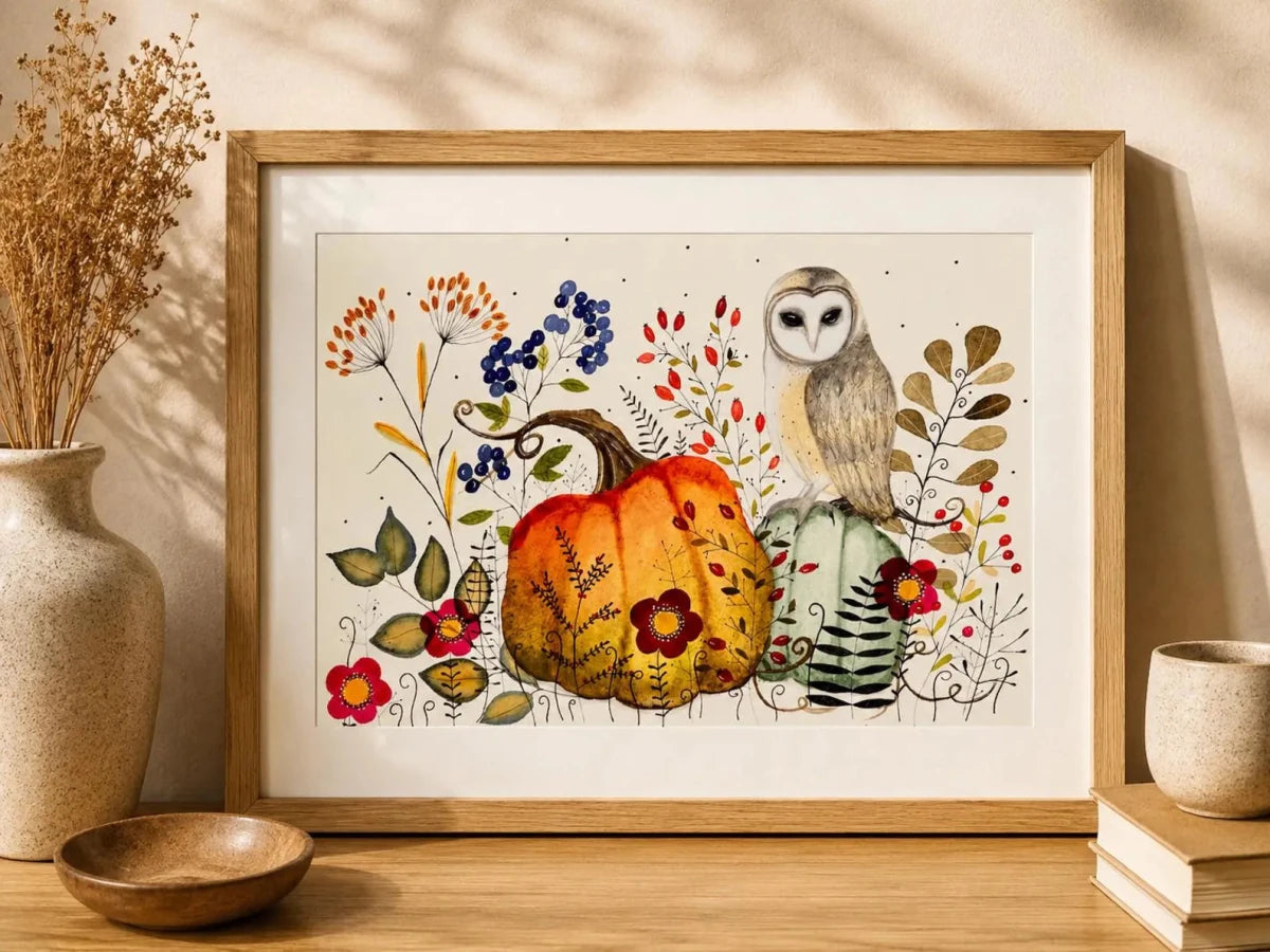 Autumn Owl & Pumpkin Garden – Barn Owl Wall Art, Watercolour Woodland Print, Cottage core Autumn Décor, Botanical Illustration, Fall Harvest Art, Landscape A4 Print, Unframed - Erika's Whimsical Art