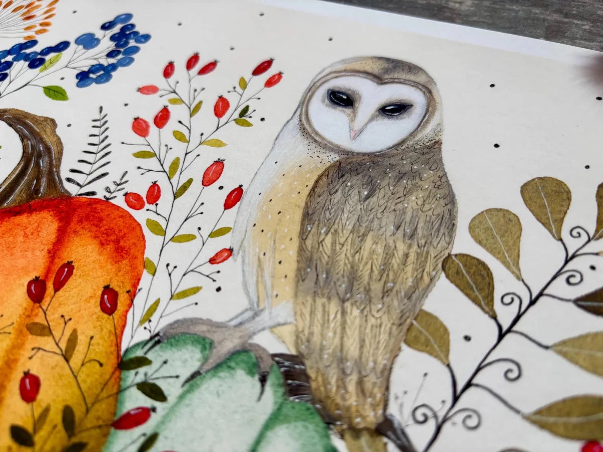 Autumn Owl & Pumpkin Garden – Barn Owl Wall Art, Watercolour Woodland Print, Cottage core Autumn Décor, Botanical Illustration, Fall Harvest Art, Landscape A4 Print, Unframed - Erika's Whimsical Art
