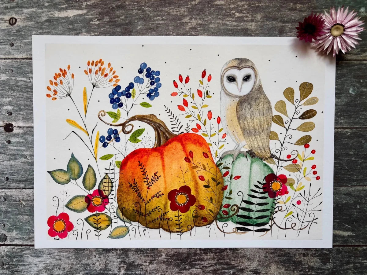 Autumn Owl & Pumpkin Garden – Barn Owl Wall Art, Watercolour Woodland Print, Cottage core Autumn Décor, Botanical Illustration, Fall Harvest Art, Landscape A4 Print, Unframed - Erika's Whimsical Art