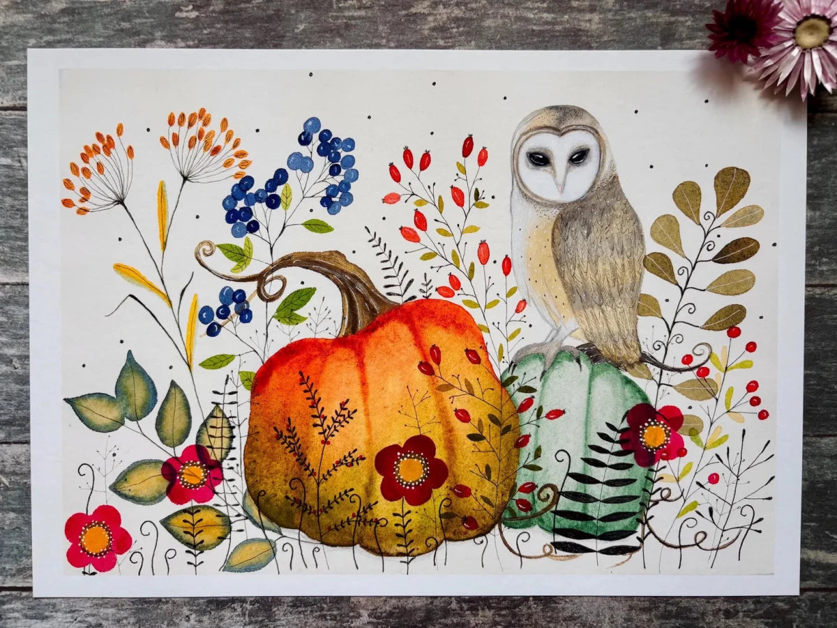 Autumn Owl & Pumpkin Garden – Barn Owl Wall Art, Watercolour Woodland Print, Cottage core Autumn Décor, Botanical Illustration, Fall Harvest Art, Landscape A4 Print, Unframed - Erika's Whimsical Art
