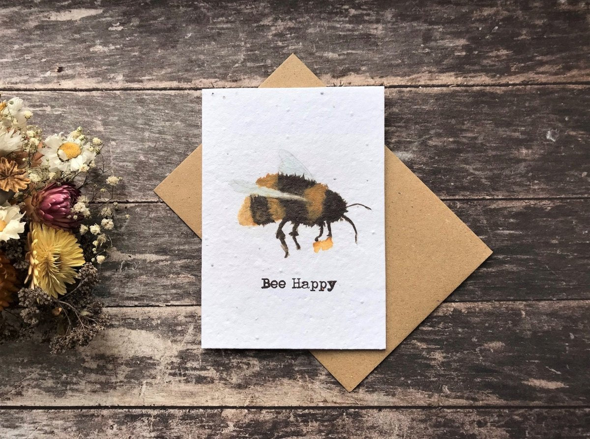 Bee Happy Birthday Card: Plantable Seed Paper, Eco - Friendly - Erika's Whimsical Art