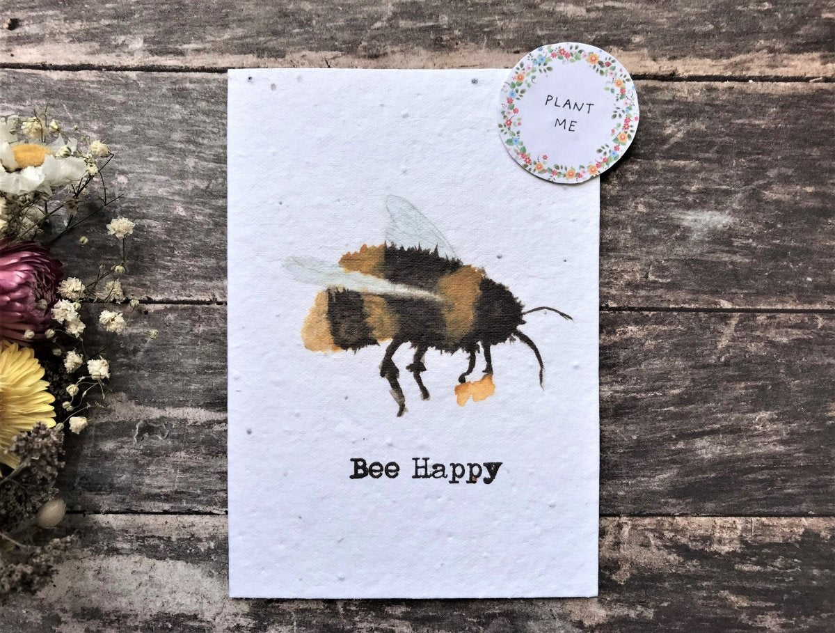 Bee Happy Birthday Card: Plantable Seed Paper, Eco - Friendly - Erika's Whimsical Art