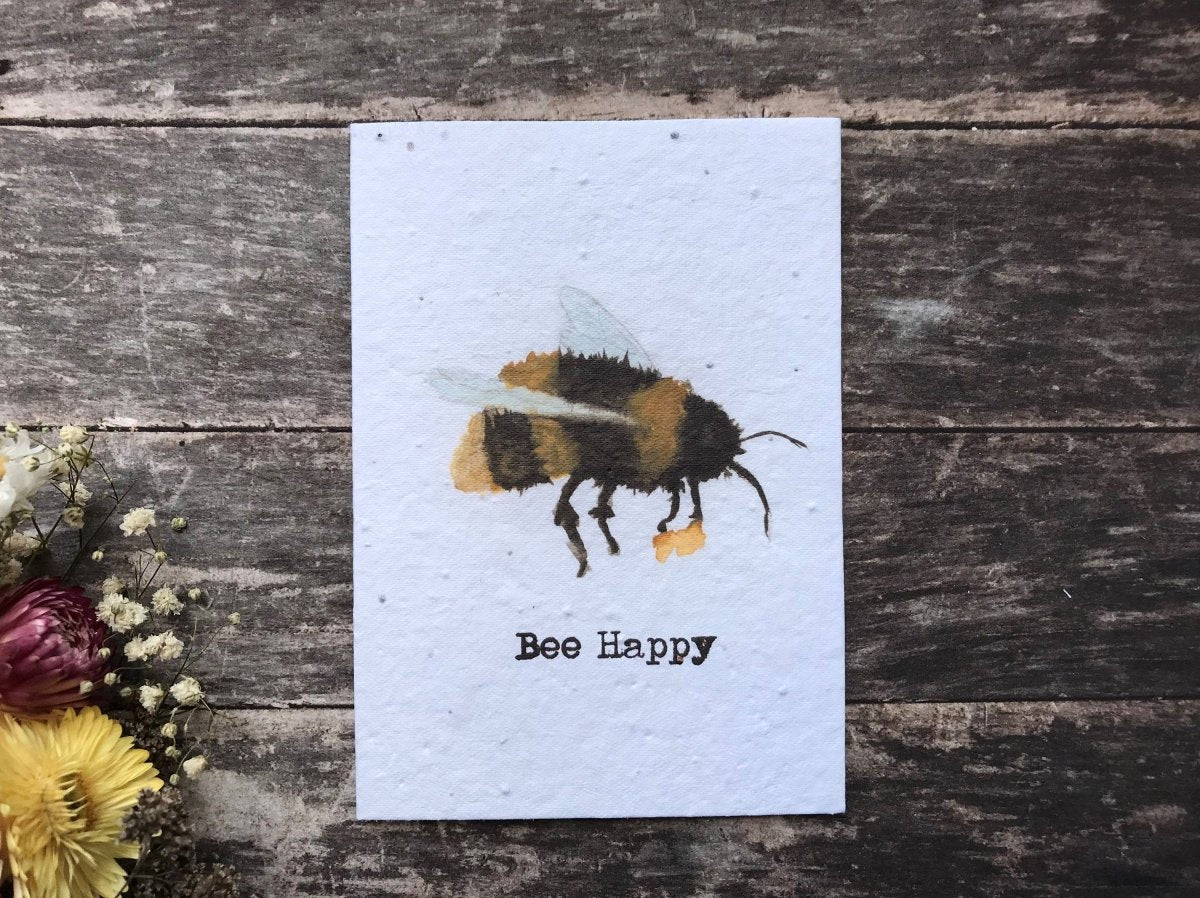 Bee Happy Birthday Card: Plantable Seed Paper, Eco - Friendly - Erika's Whimsical Art