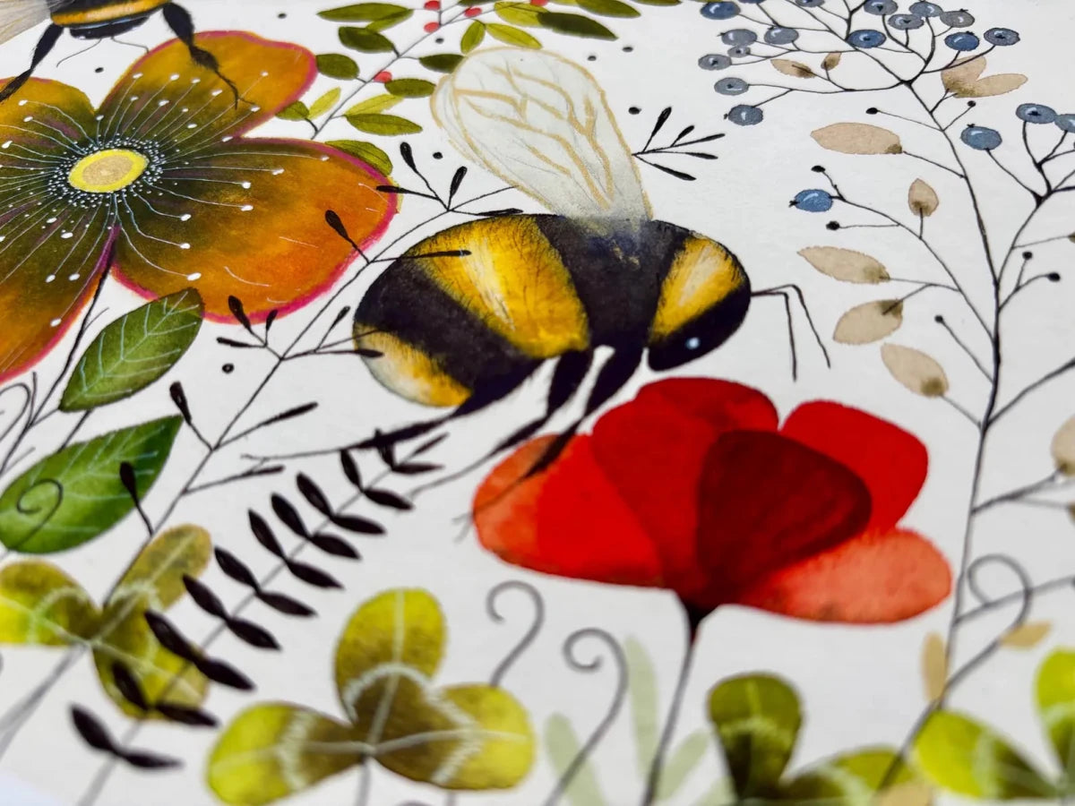 Bee wall art, Bumble Bee, Woodland animal print,A4 Art Print, Home Décor, Yellow wall art, Floral wall art, Bee print, Kitchen Print - Erika's Whimsical Art