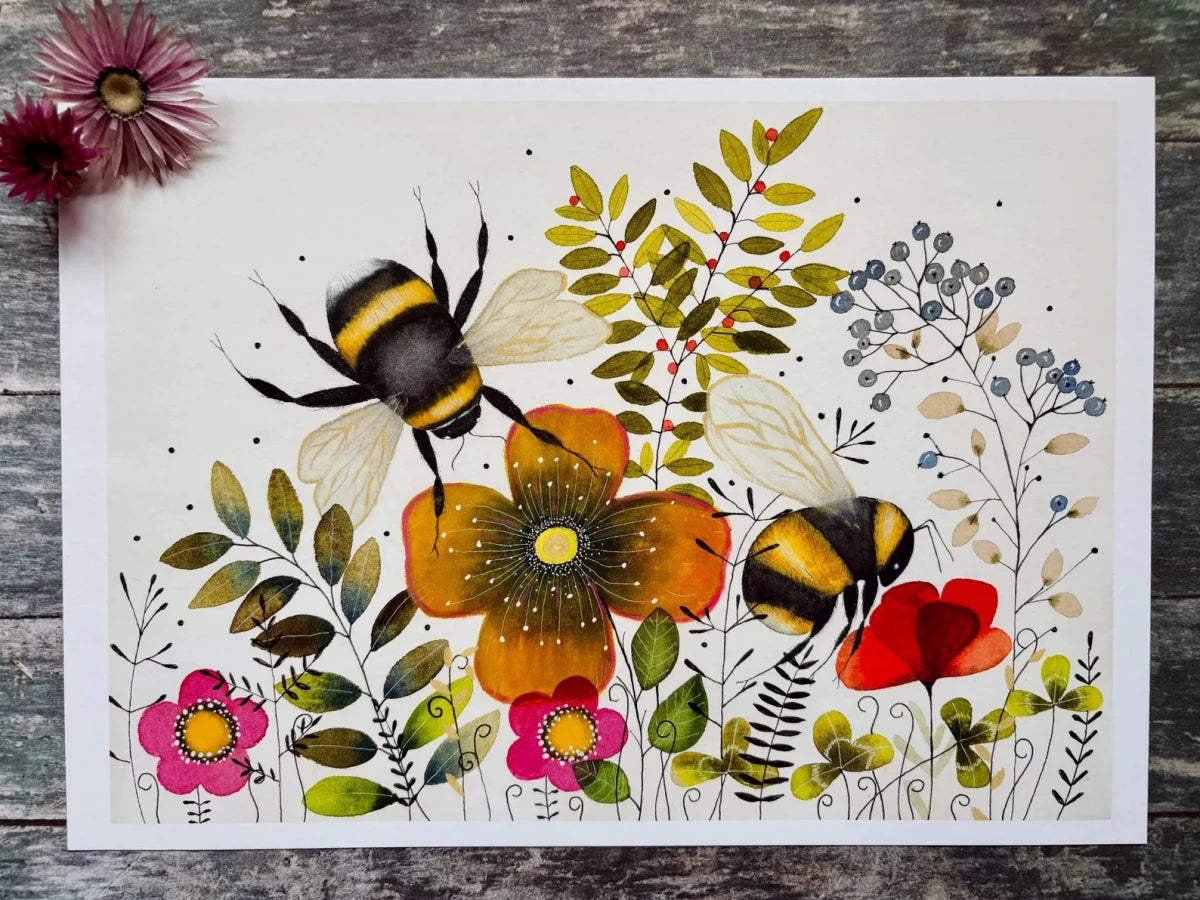 Bee wall art, Bumble Bee, Woodland animal print,A4 Art Print, Home Décor, Yellow wall art, Floral wall art, Bee print, Kitchen Print - Erika's Whimsical Art