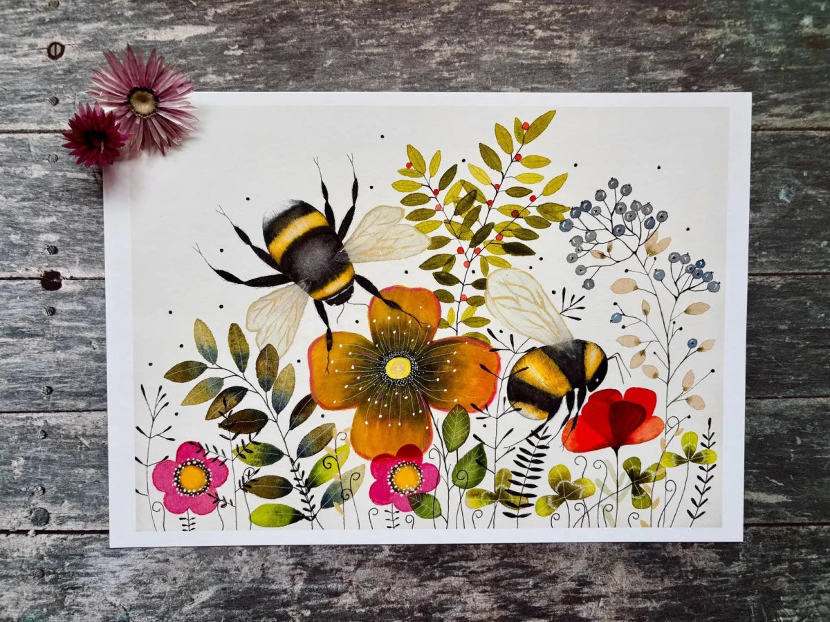 Bee wall art, Bumble Bee, Woodland animal print,A4 Art Print, Home Décor, Yellow wall art, Floral wall art, Bee print, Kitchen Print - Erika's Whimsical Art