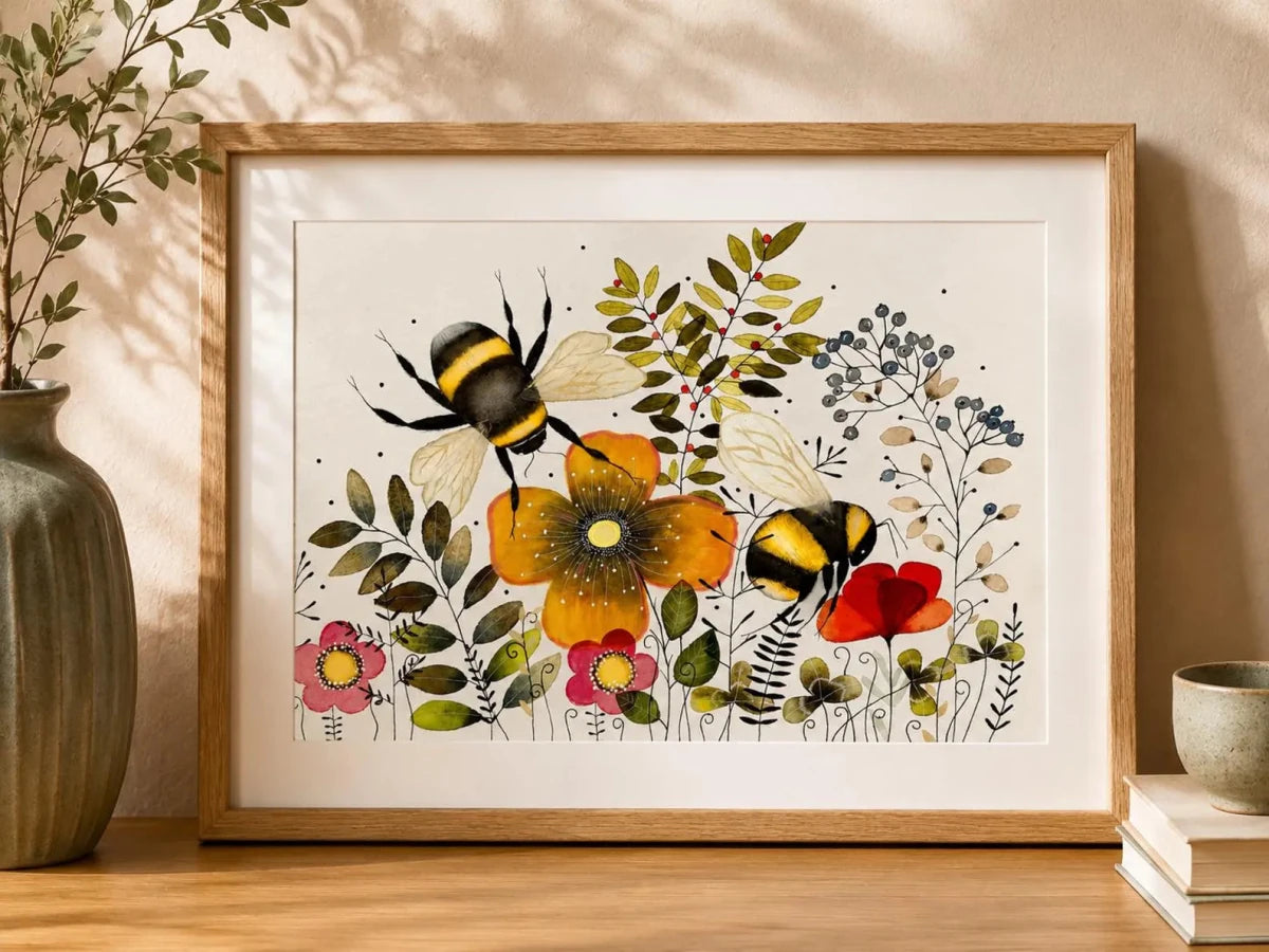 Bee wall art, Bumble Bee, Woodland animal print,A4 Art Print, Home Décor, Yellow wall art, Floral wall art, Bee print, Kitchen Print - Erika's Whimsical Art