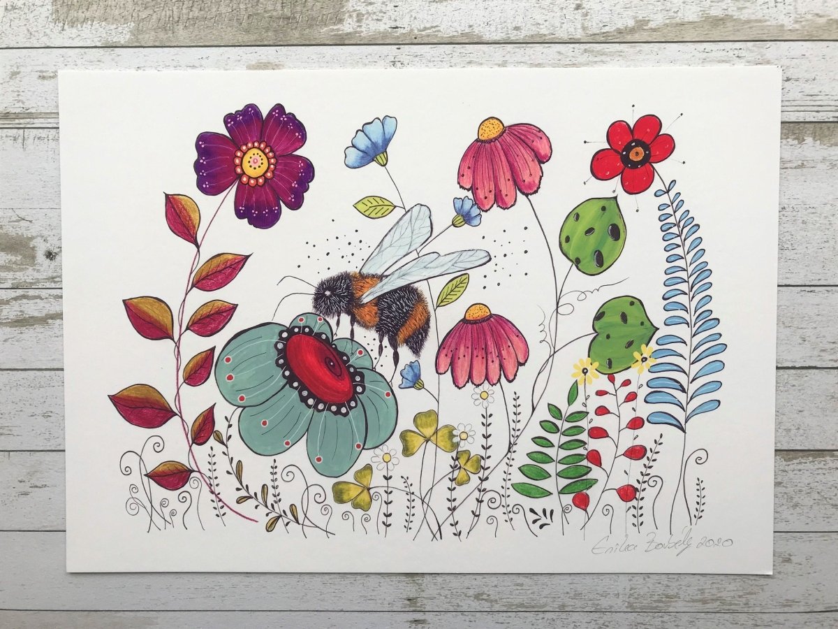 Bee wall art, Bumble Bee, Woodland animal print,A4 Art Print, Home Décor, Yellow wall art, Floral wall art, Bee print, Kitchen Print - Erika's Whimsical Art