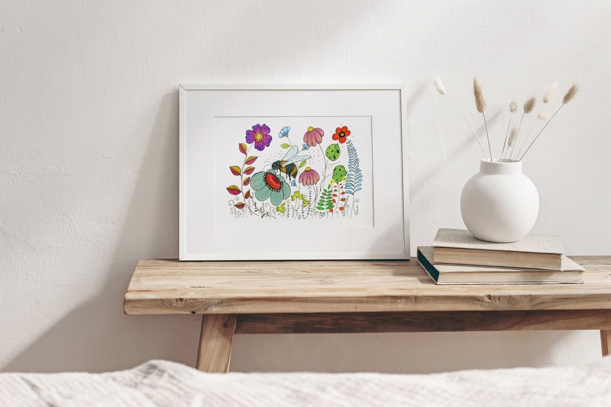 Bee wall art, Bumble Bee, Woodland animal print,A4 Art Print, Home Décor, Yellow wall art, Floral wall art, Bee print, Kitchen Print - Erika's Whimsical Art