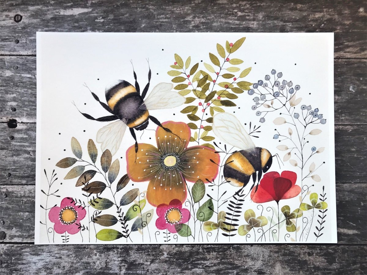 Bee wall art, Bumble Bee, Woodland animal print,A4 Art Print, Home Décor, Yellow wall art, Floral wall art, Bee print, Kitchen Print - Erika's Whimsical Art