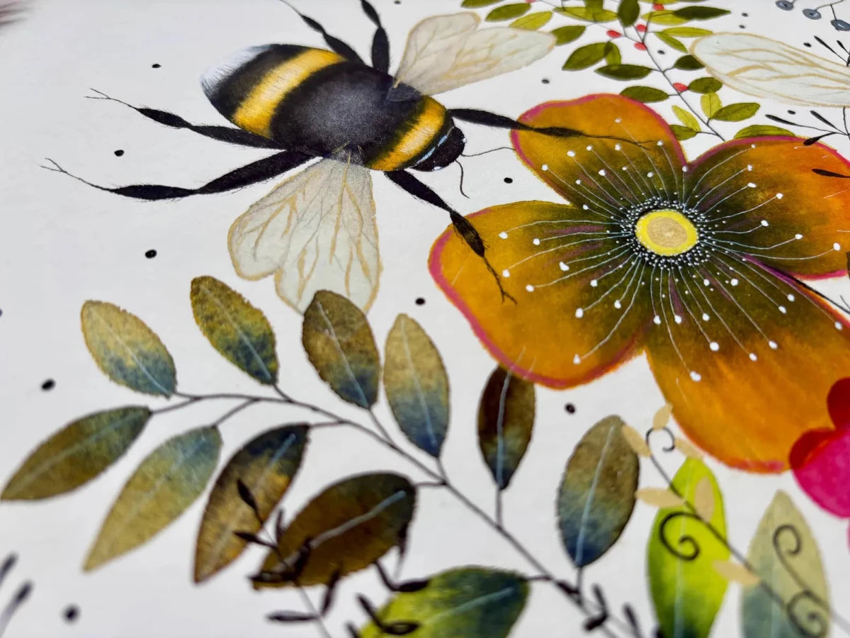 Bee wall art, Bumble Bee, Woodland animal print,A4 Art Print, Home Décor, Yellow wall art, Floral wall art, Bee print, Kitchen Print - Erika's Whimsical Art