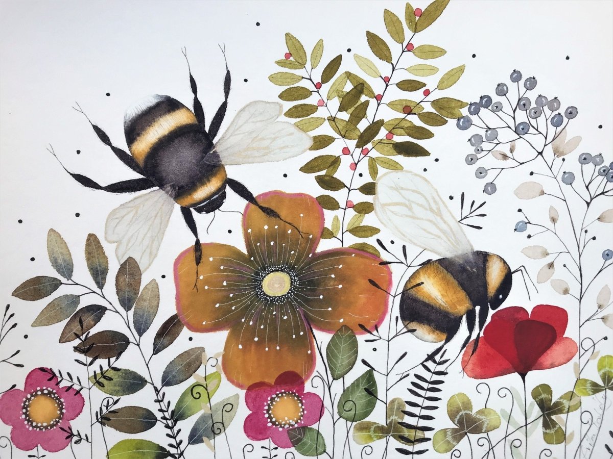 Bee wall art, Bumble Bee, Woodland animal print,A4 Art Print, Home Décor, Yellow wall art, Floral wall art, Bee print, Kitchen Print - Erika's Whimsical Art