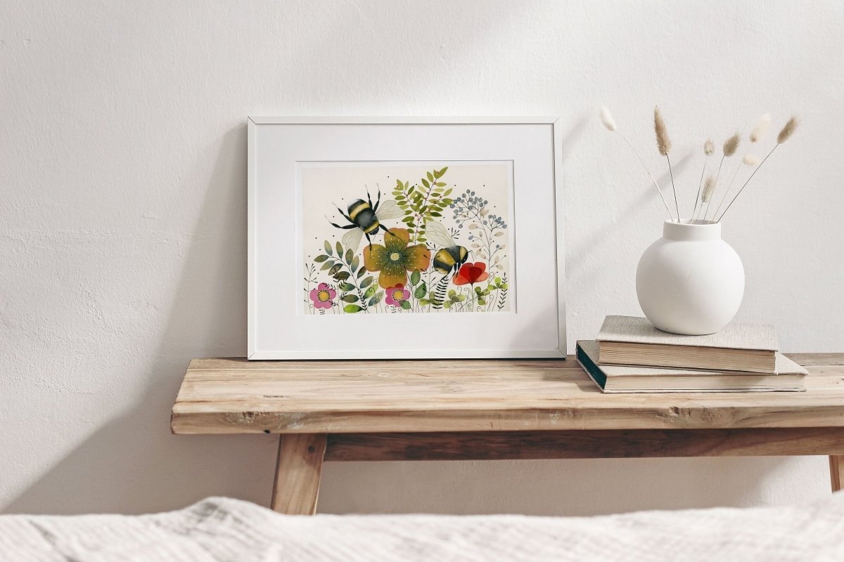 Bee wall art, Bumble Bee, Woodland animal print,A4 Art Print, Home Décor, Yellow wall art, Floral wall art, Bee print, Kitchen Print - Erika's Whimsical Art