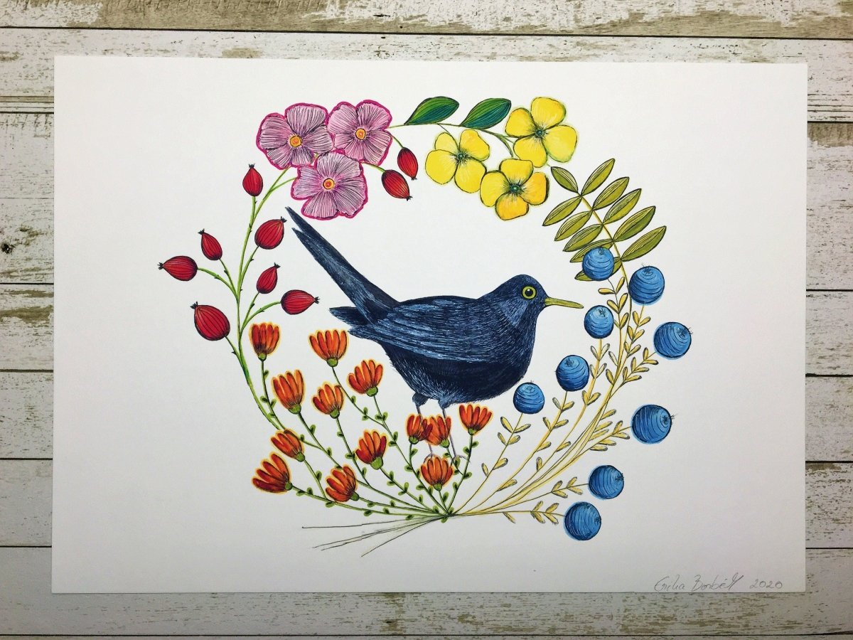 Bird wall art, Birds, Woodland animal print,A4 Art Print,Home Decor, Yellow wall art, Floral wall art, Bird prin, Kitchen Print, Nursery Art - Erika's Whimsical Art
