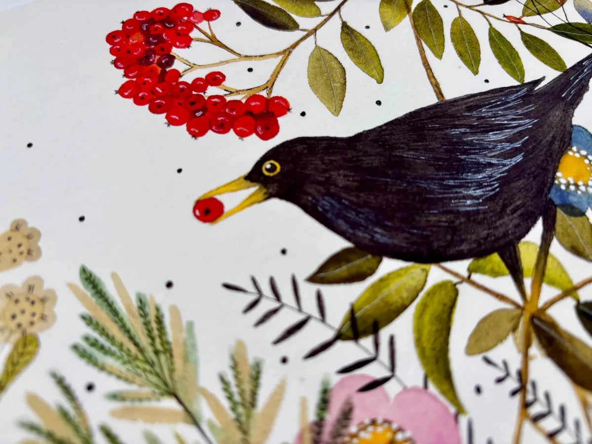 Bird wall art, Black Bird, Woodland animal print,A4 Art Print, Home Décor, Colourful wall art, Floral wall art, Bird print, Kitchen Print - Erika's Whimsical Art