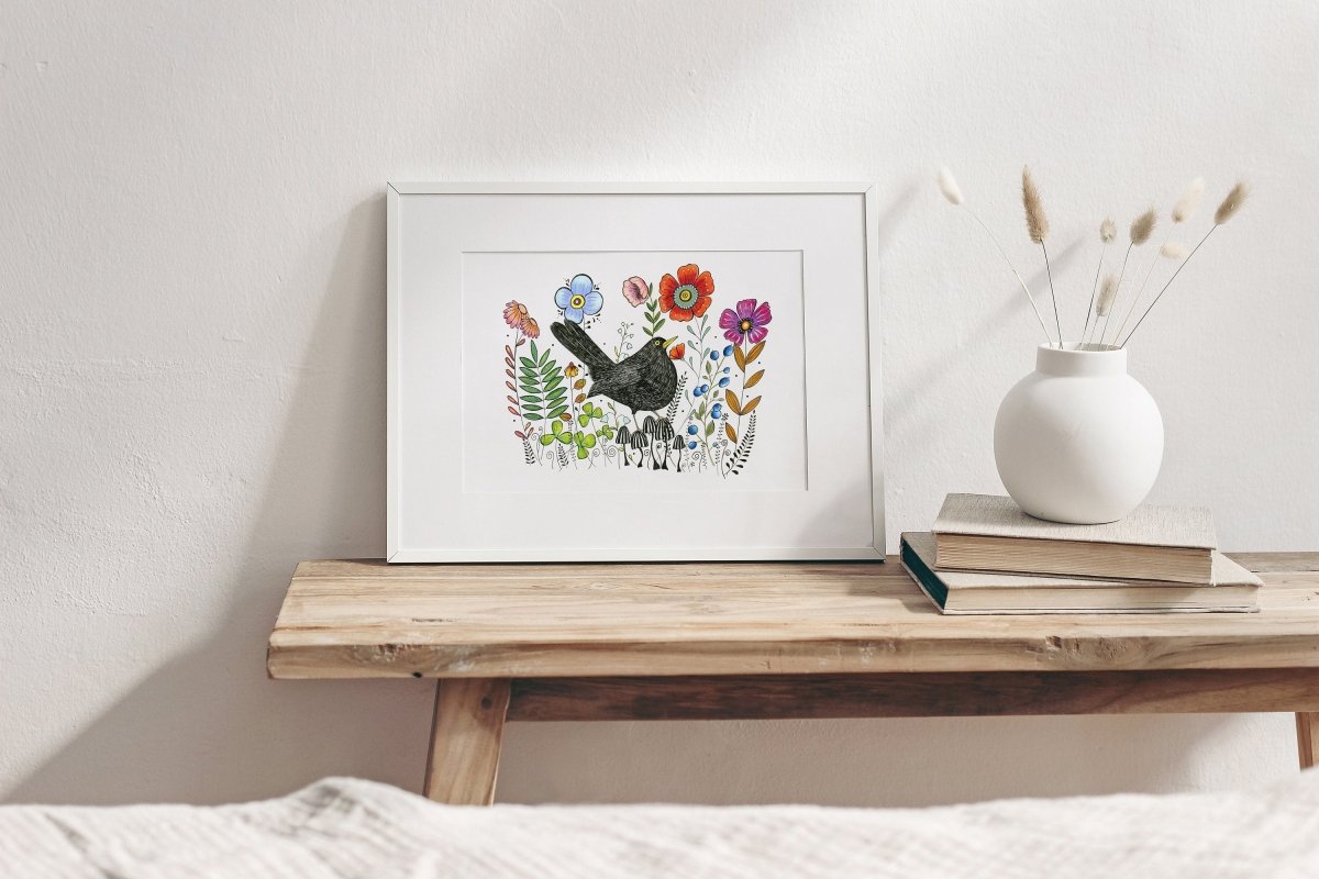 Bird wall art, Black Bird, Woodland animal print,A4 Art Print, Home Décor, Colourful wall art, Floral wall art, Bird print, Kitchen Print - Erika's Whimsical Art