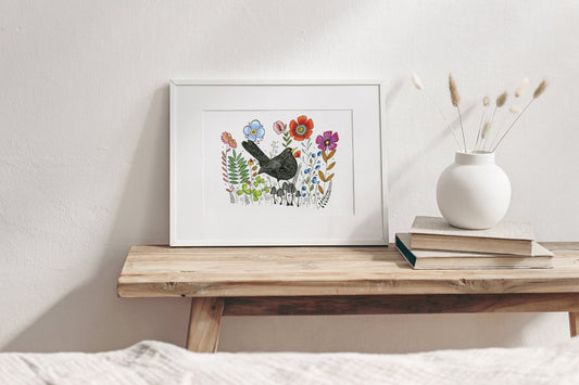 Bird wall art, Black Bird, Woodland animal print,A4 Art Print, Home Décor, Colourful wall art, Floral wall art, Bird print, Kitchen Print - Erika's Whimsical Art