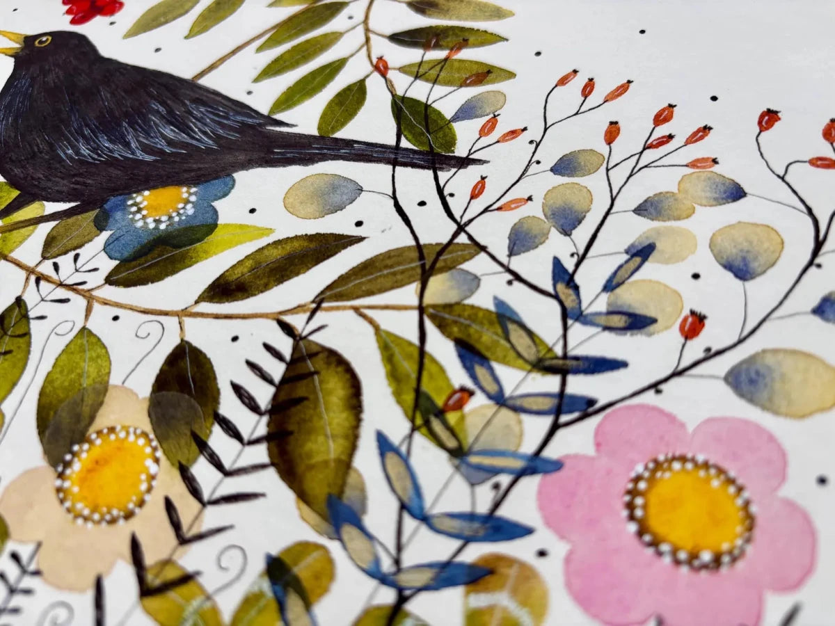 Bird wall art, Black Bird, Woodland animal print,A4 Art Print, Home Décor, Colourful wall art, Floral wall art, Bird print, Kitchen Print - Erika's Whimsical Art