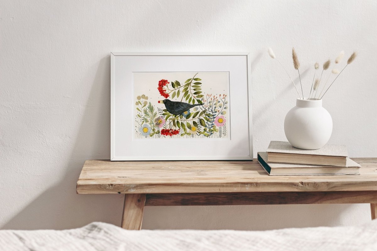 Bird wall art, Black Bird, Woodland animal print,A4 Art Print, Home Décor, Colourful wall art, Floral wall art, Bird print, Kitchen Print - Erika's Whimsical Art