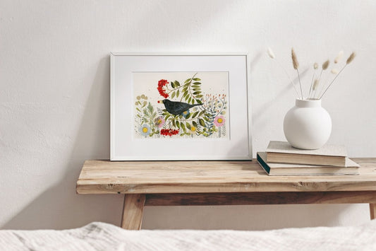 Bird wall art, Black Bird, Woodland animal print,A4 Art Print, Home Décor, Colourful wall art, Floral wall art, Bird print, Kitchen Print - Erika's Whimsical Art