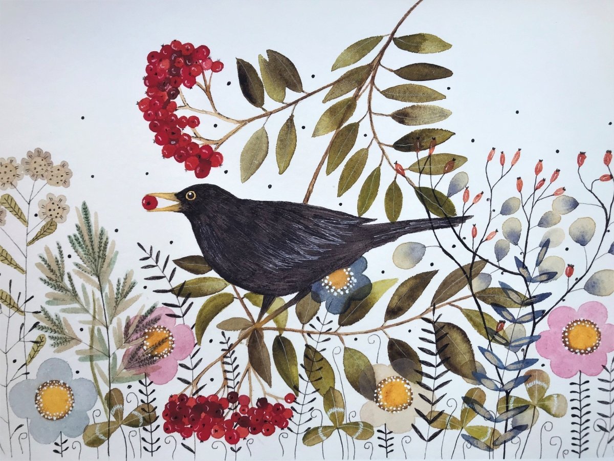 Bird wall art, Black Bird, Woodland animal print,A4 Art Print, Home Décor, Colourful wall art, Floral wall art, Bird print, Kitchen Print - Erika's Whimsical Art