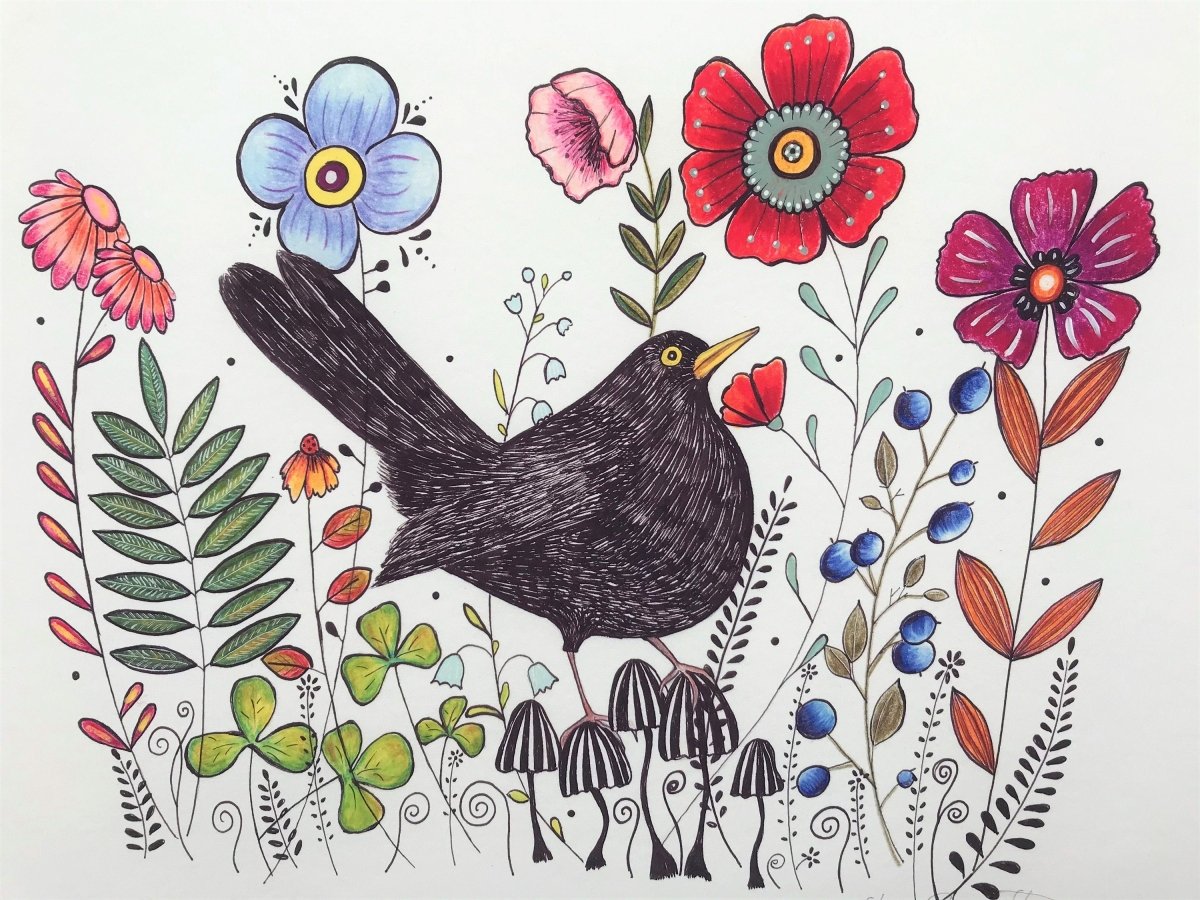 Bird wall art, Black Bird, Woodland animal print,A4 Art Print, Home Décor, Colourful wall art, Floral wall art, Bird print, Kitchen Print - Erika's Whimsical Art