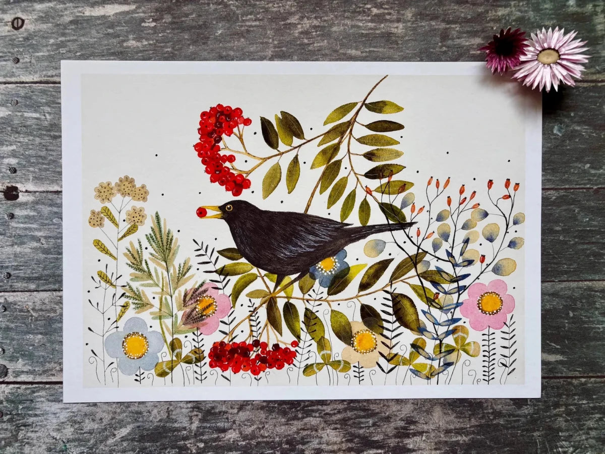 Bird wall art, Black Bird, Woodland animal print,A4 Art Print, Home Décor, Colourful wall art, Floral wall art, Bird print, Kitchen Print - Erika's Whimsical Art