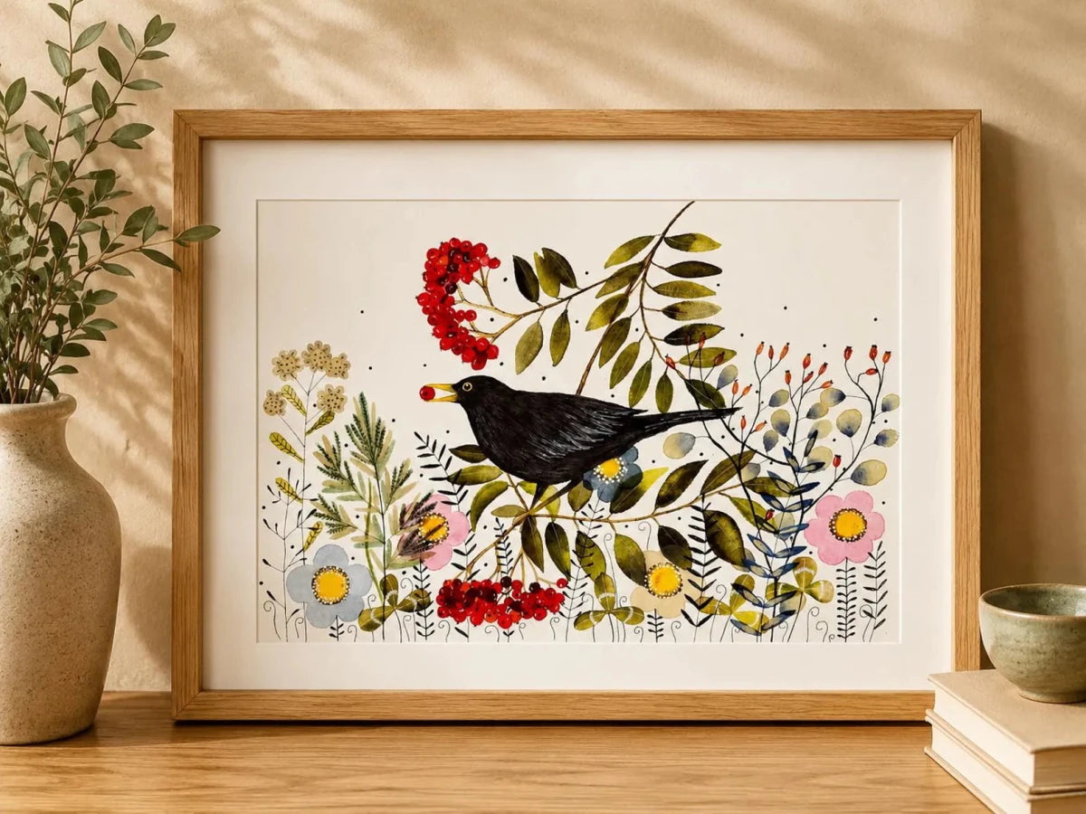 Bird wall art, Black Bird, Woodland animal print,A4 Art Print, Home Décor, Colourful wall art, Floral wall art, Bird print, Kitchen Print - Erika's Whimsical Art