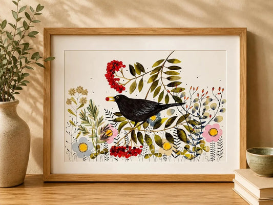 Bird wall art, Black Bird, Woodland animal print,A4 Art Print, Home Décor, Colourful wall art, Floral wall art, Bird print, Kitchen Print - Erika's Whimsical Art