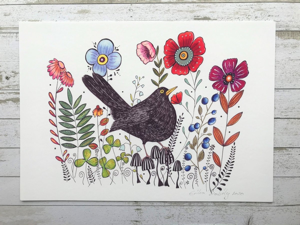 Bird wall art, Black Bird, Woodland animal print,A4 Art Print, Home Décor, Colourful wall art, Floral wall art, Bird print, Kitchen Print - Erika's Whimsical Art
