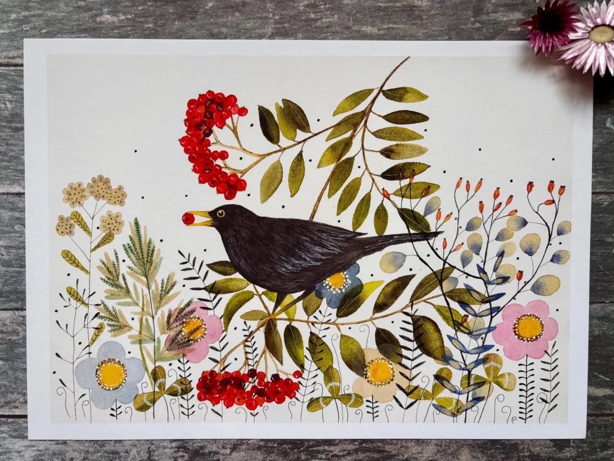 Bird wall art, Black Bird, Woodland animal print,A4 Art Print, Home Décor, Colourful wall art, Floral wall art, Bird print, Kitchen Print - Erika's Whimsical Art