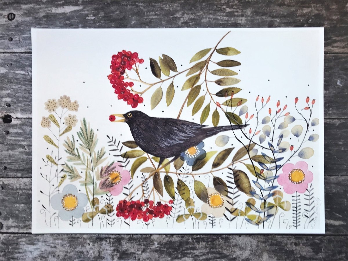 Bird wall art, Black Bird, Woodland animal print,A4 Art Print, Home Décor, Colourful wall art, Floral wall art, Bird print, Kitchen Print - Erika's Whimsical Art