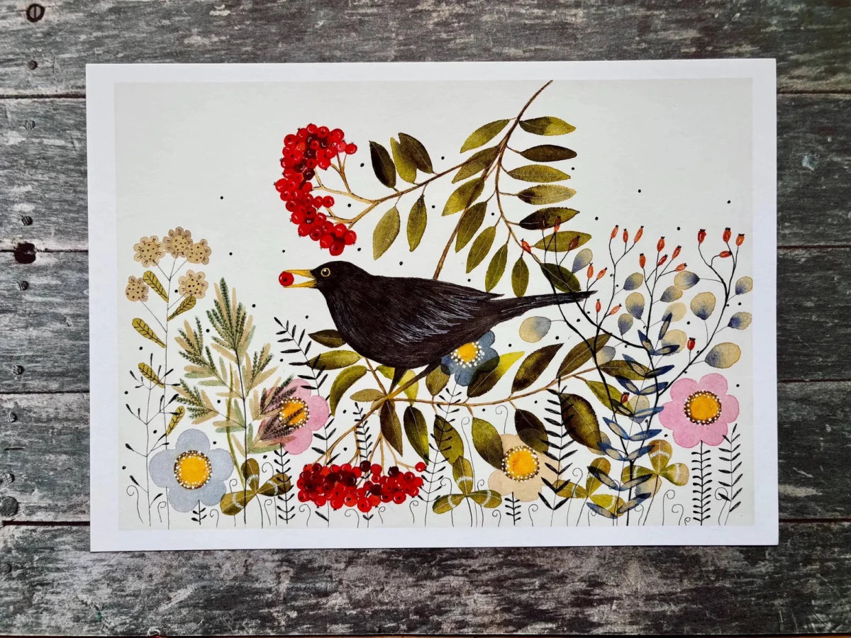 Bird wall art, Black Bird, Woodland animal print,A4 Art Print, Home Décor, Colourful wall art, Floral wall art, Bird print, Kitchen Print - Erika's Whimsical Art