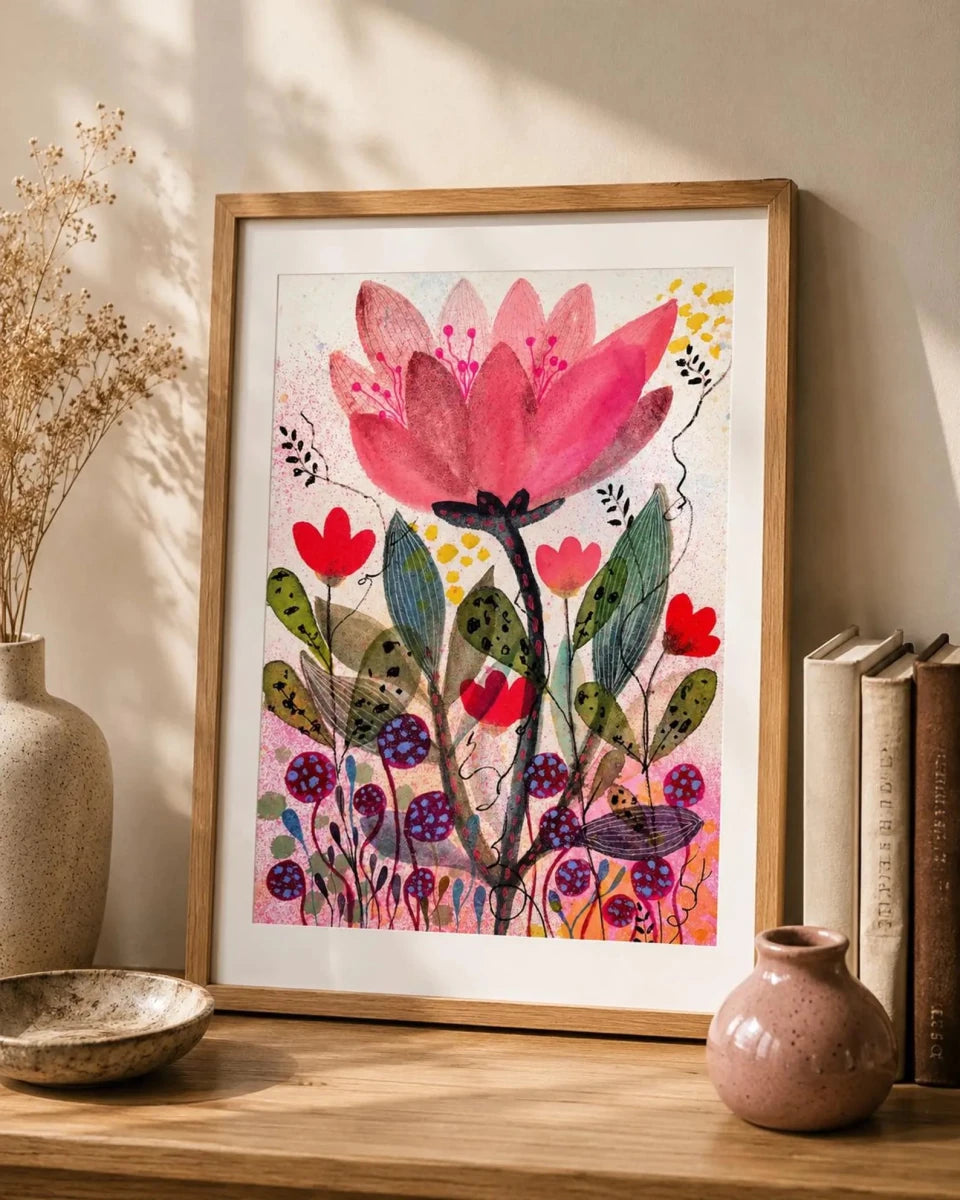 Blushing Bloom – Pink Floral Wall Art, Watercolour Flower Print, Contemporary Botanical Illustration, A4 Art Print, Colourful Home Décor, Unframed - Erika's Whimsical Art