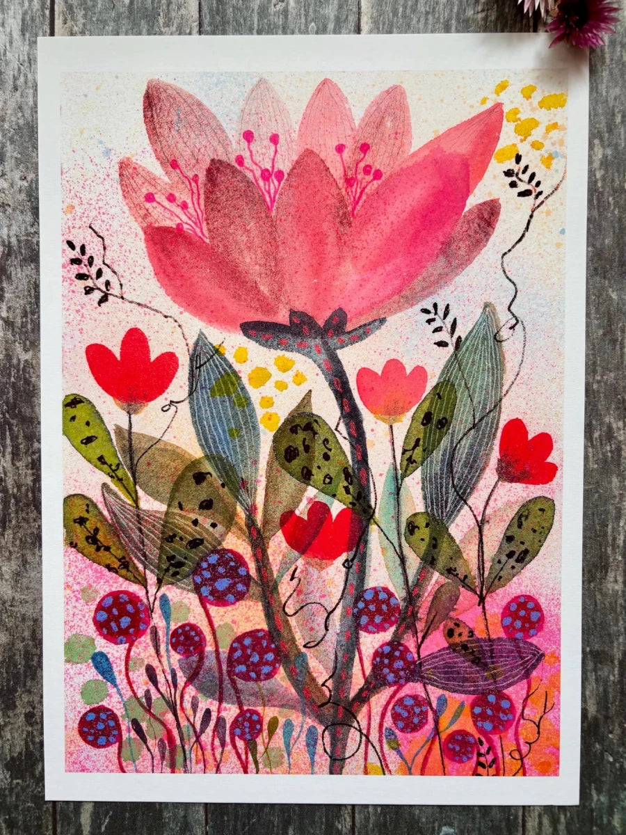 Blushing Bloom – Pink Floral Wall Art, Watercolour Flower Print, Contemporary Botanical Illustration, A4 Art Print, Colourful Home Décor, Unframed - Erika's Whimsical Art