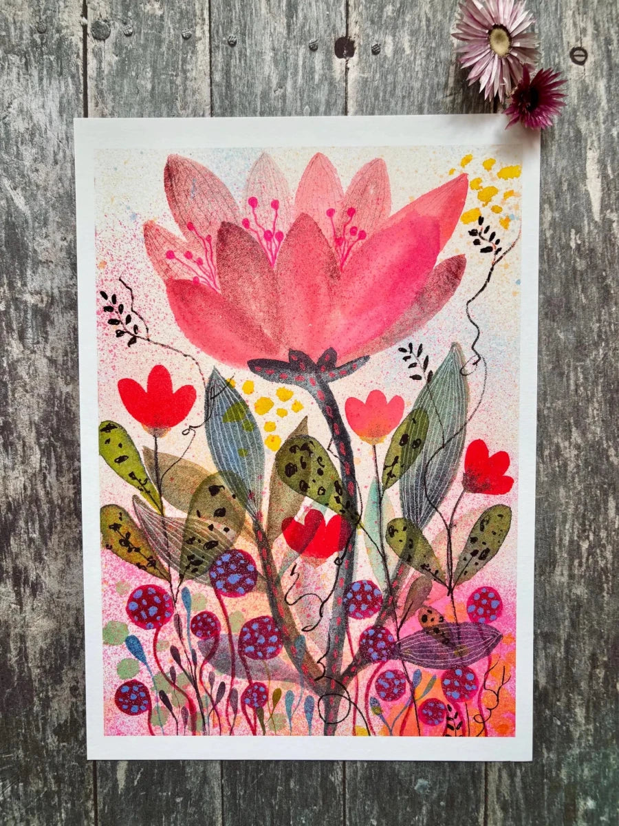 Blushing Bloom – Pink Floral Wall Art, Watercolour Flower Print, Contemporary Botanical Illustration, A4 Art Print, Colourful Home Décor, Unframed - Erika's Whimsical Art